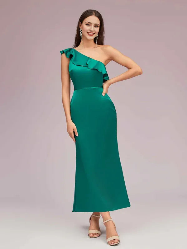 Robe Weitese élégante sirène asymétrique en satin doux, mi-longue, à volants et plis, robe de bal